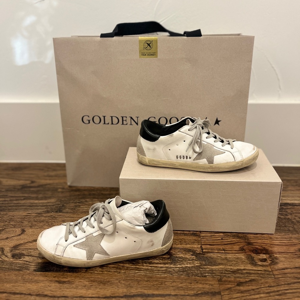 Golden Goose Superstar White Leather Sneakers Grey Star Black Back Size EUR 36